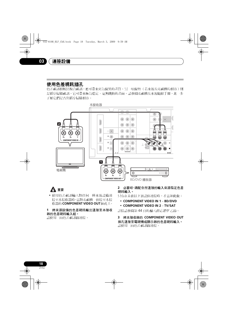 使用色差視訊插孔, 連接設備 03, 輸入指定選單 | 色差視訊相較於複合視訊，應可帶來更為優異的畫質, 另一項優勢 （若來源及電視機均相容）則 是循序掃描視訊，它可帶來極為穩定、毫無跳動的畫面, 12 ґ௦ԟᏣ bd/dvd ክܺᏣ ⴌຝᐡ, Zhtw | Pioneer VSX-819H-S User Manual | Page 88 / 211