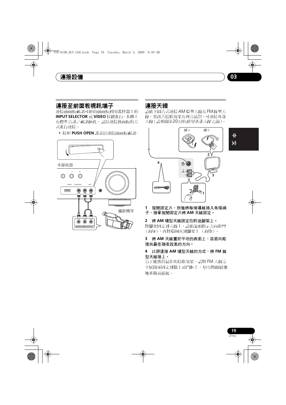 連接至前面板視訊端子 連接天線, 連接設備 03, 連接至前面板視訊端子 | 連接天線 | Pioneer VSX-819H-S User Manual | Page 89 / 211