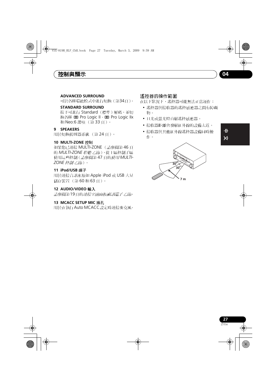 遙控器的操作範圍, 控制與顯示 04 | Pioneer VSX-819H-S User Manual | Page 97 / 211