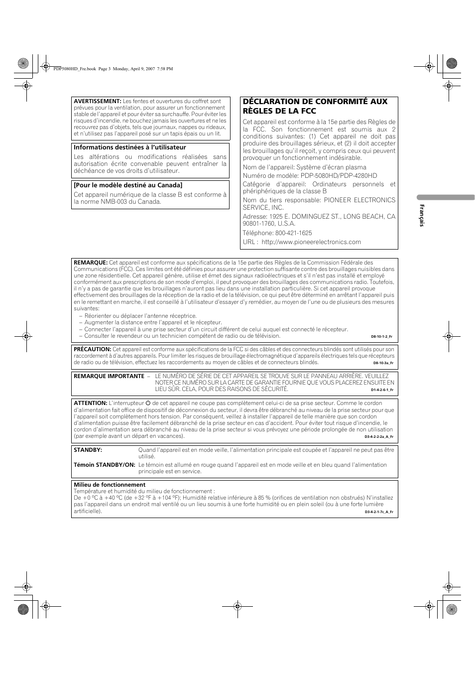 Déclaration de conformité aux règles de la fcc | Pioneer PDP-5080HD User Manual | Page 103 / 285