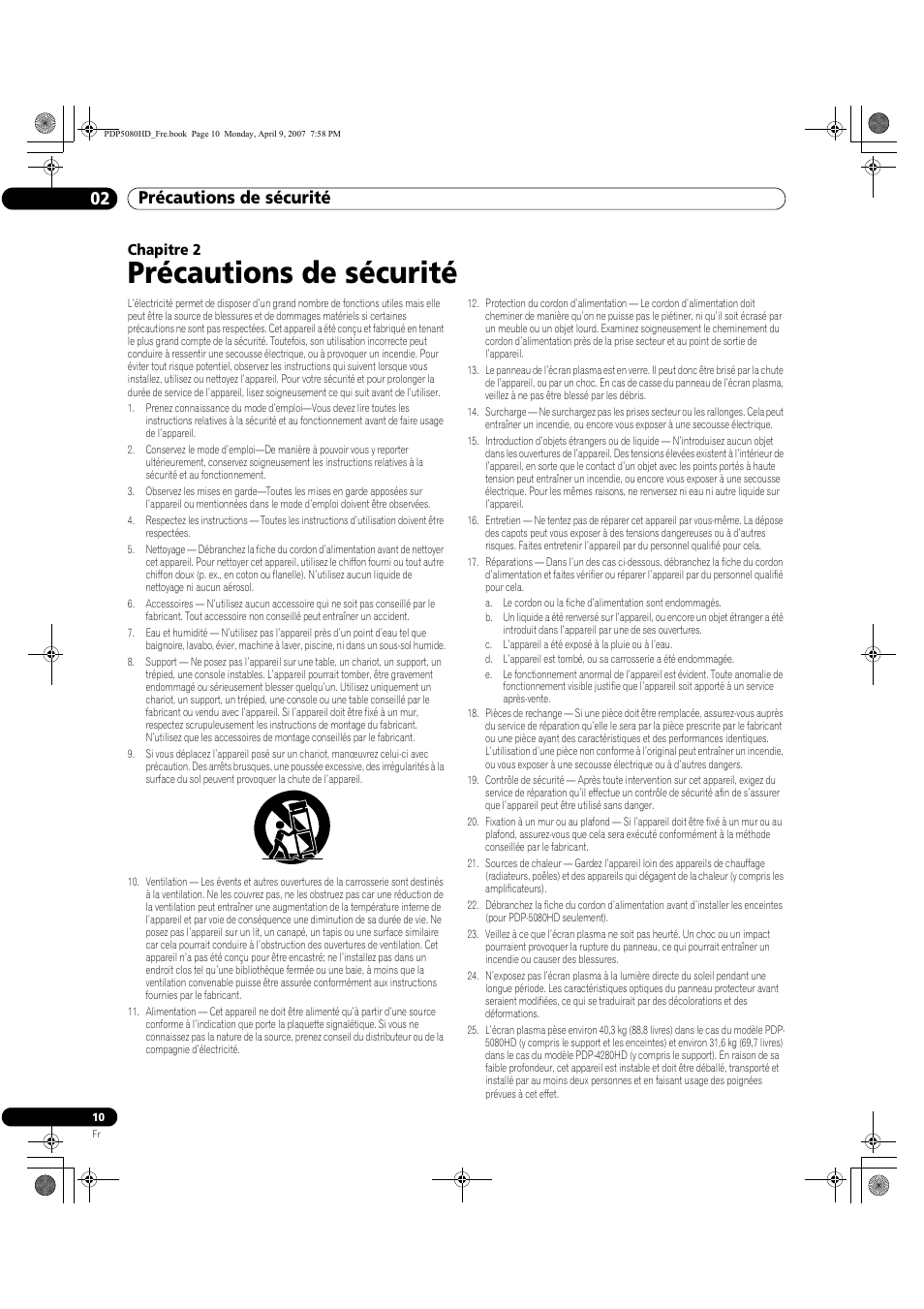 02 précautions de sécurité, Précautions de sécurité, Précautions de sécurité 02 | Chapitre 2 | Pioneer PDP-5080HD User Manual | Page 110 / 285