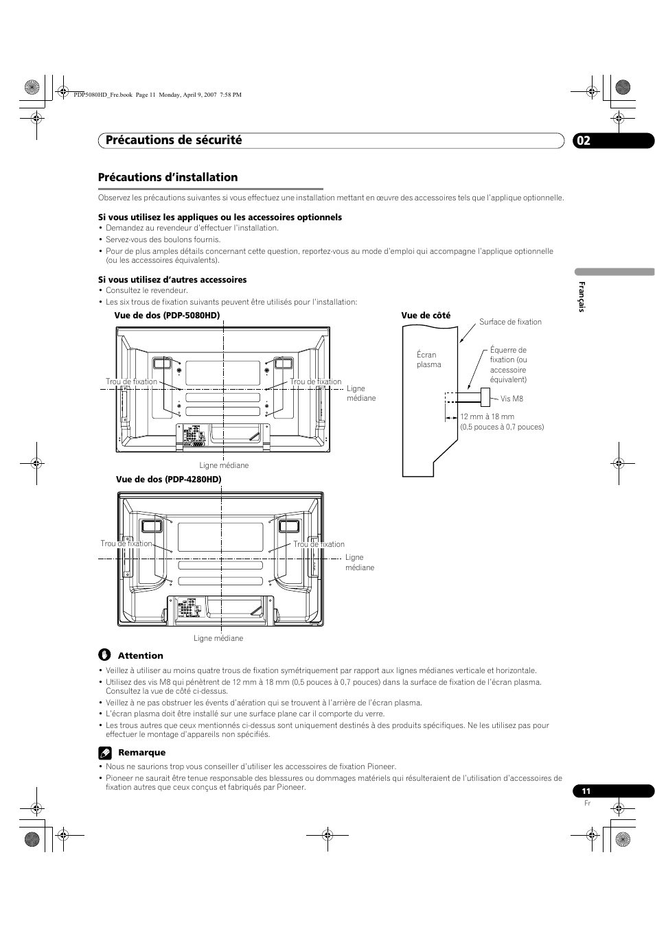Précautions d’installation, Précautions de sécurité 02 | Pioneer PDP-5080HD User Manual | Page 111 / 285