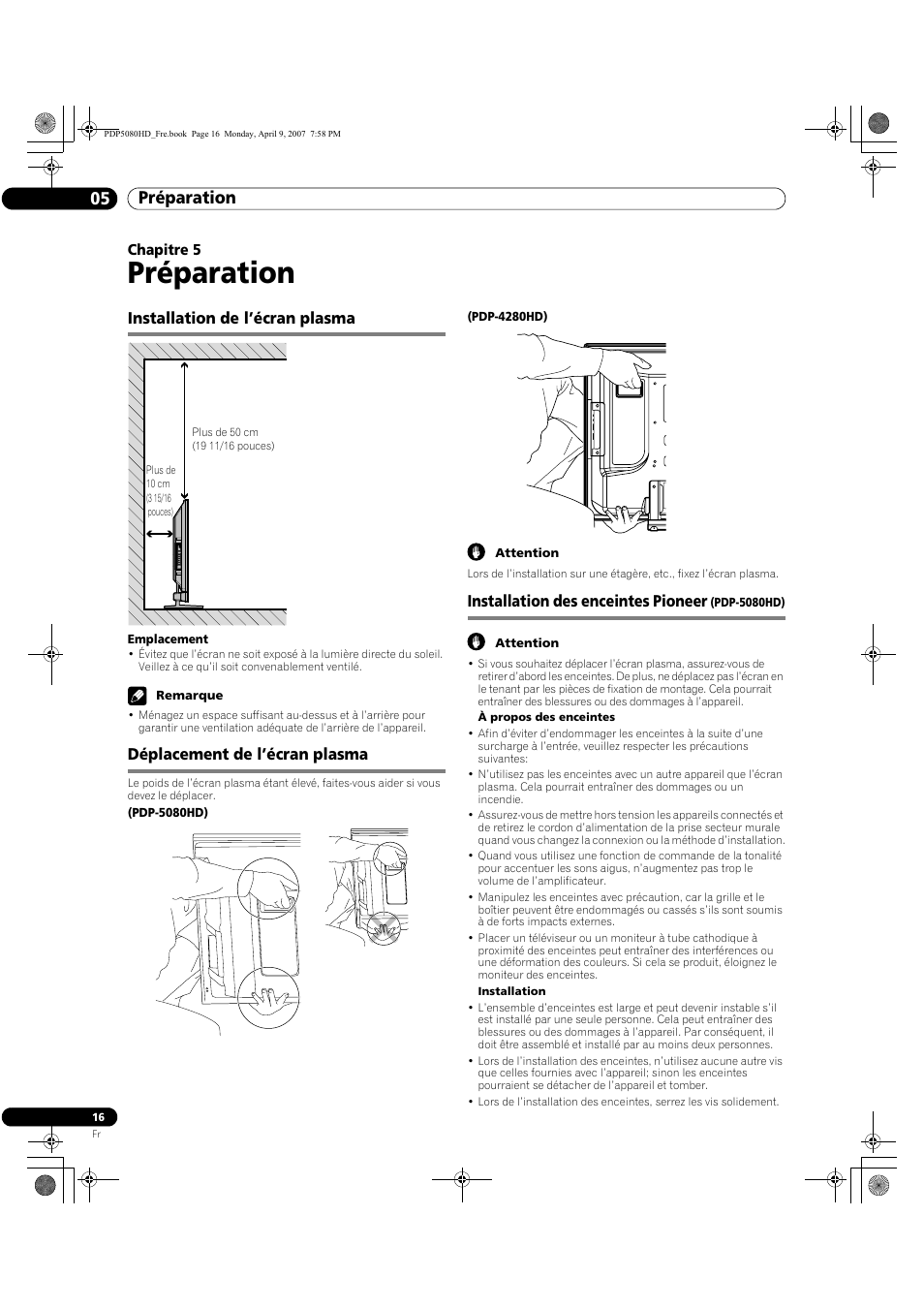05 préparation, Préparation, Préparation 05 | Installation de l’écran plasma, Déplacement de l’écran plasma, Installation des enceintes pioneer | Pioneer PDP-5080HD User Manual | Page 116 / 285