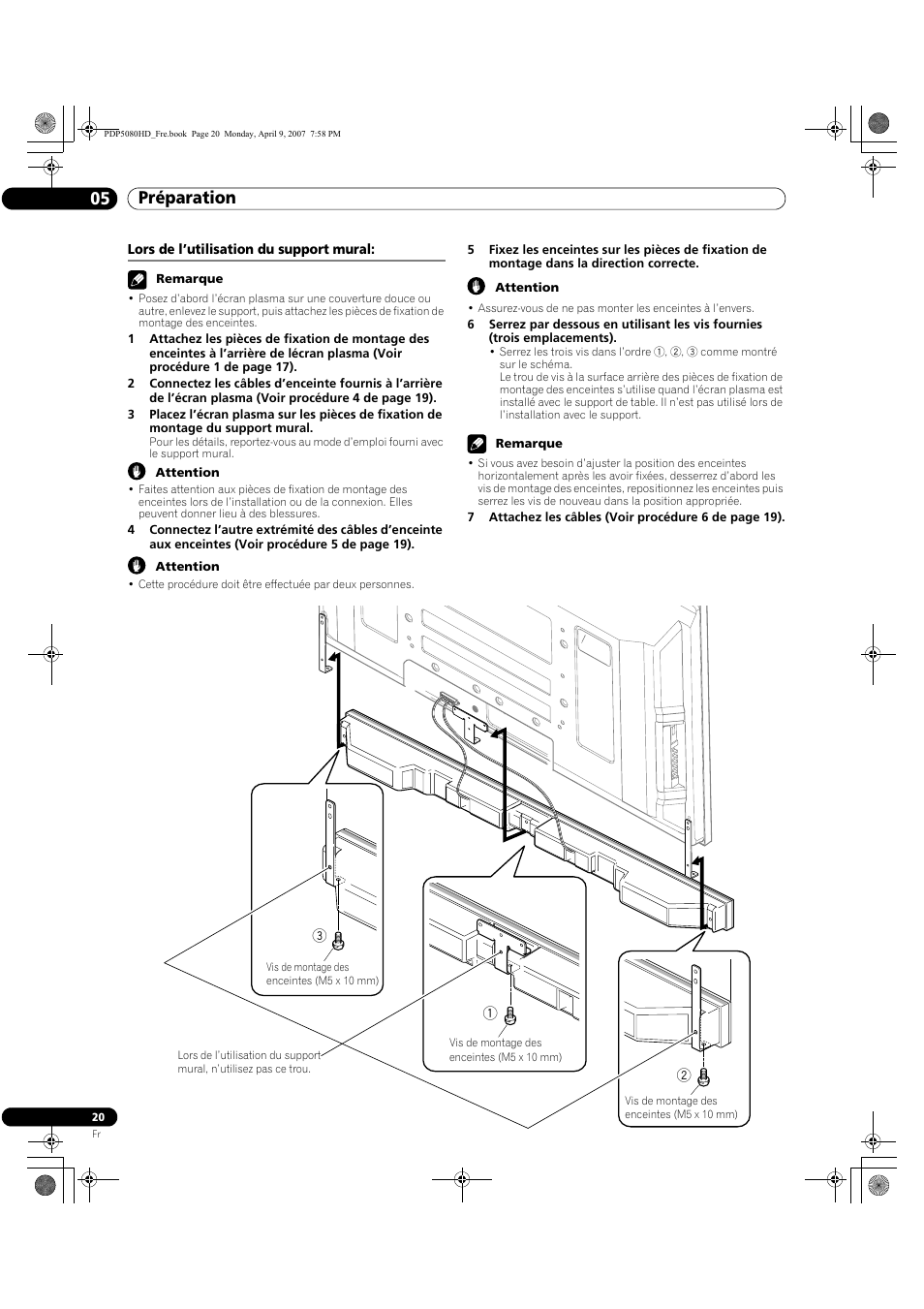 Lors de l’utilisation du support mural, Préparation 05 | Pioneer PDP-5080HD User Manual | Page 120 / 285