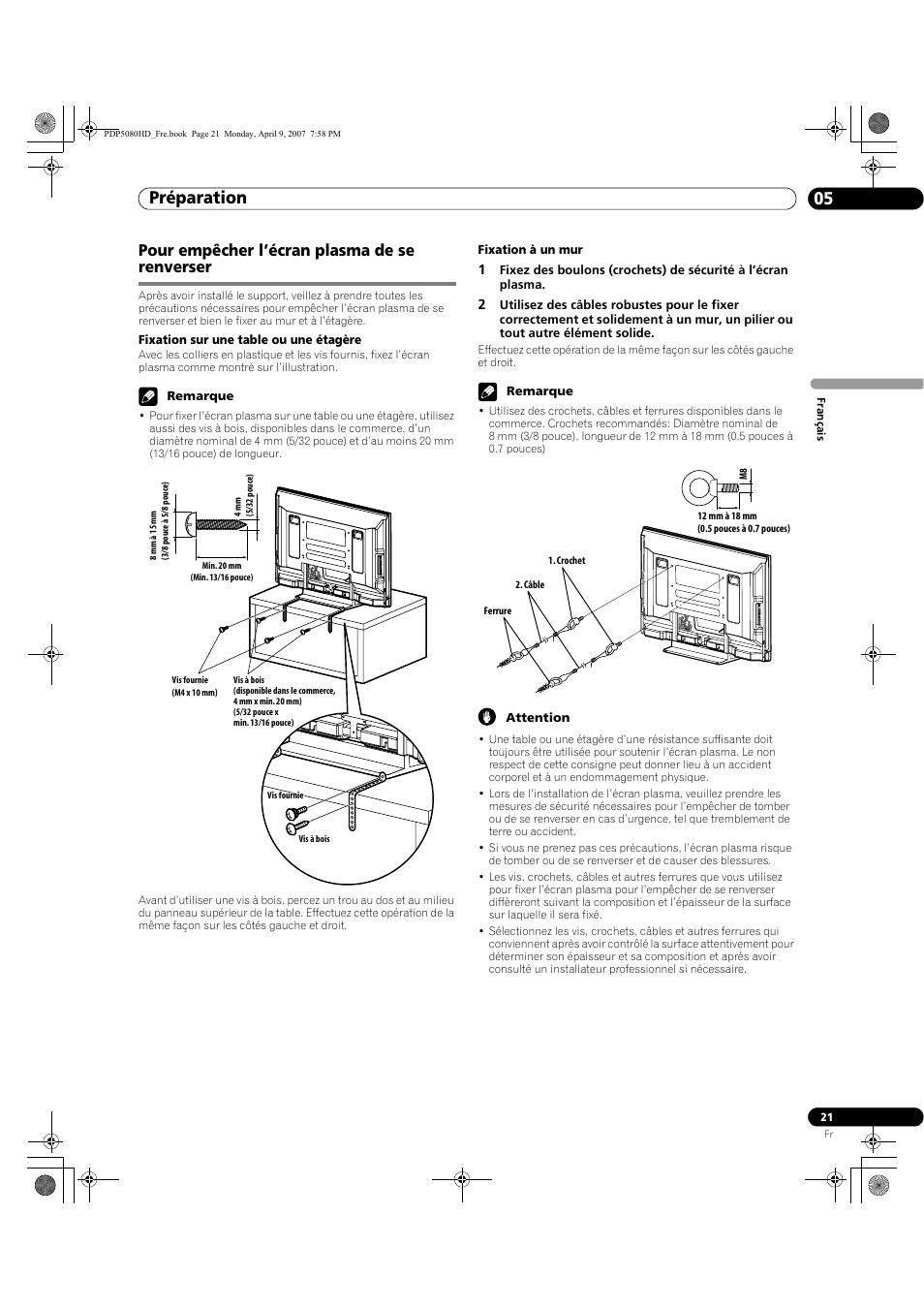 Pour empêcher l’écran plasma de se renverser, Préparation 05 | Pioneer PDP-5080HD User Manual | Page 121 / 285