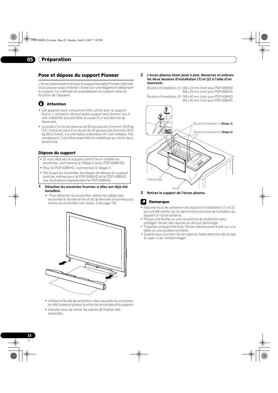 Pose et dépose du support pioneer, Préparation 05 | Pioneer PDP-5080HD User Manual | Page 122 / 285