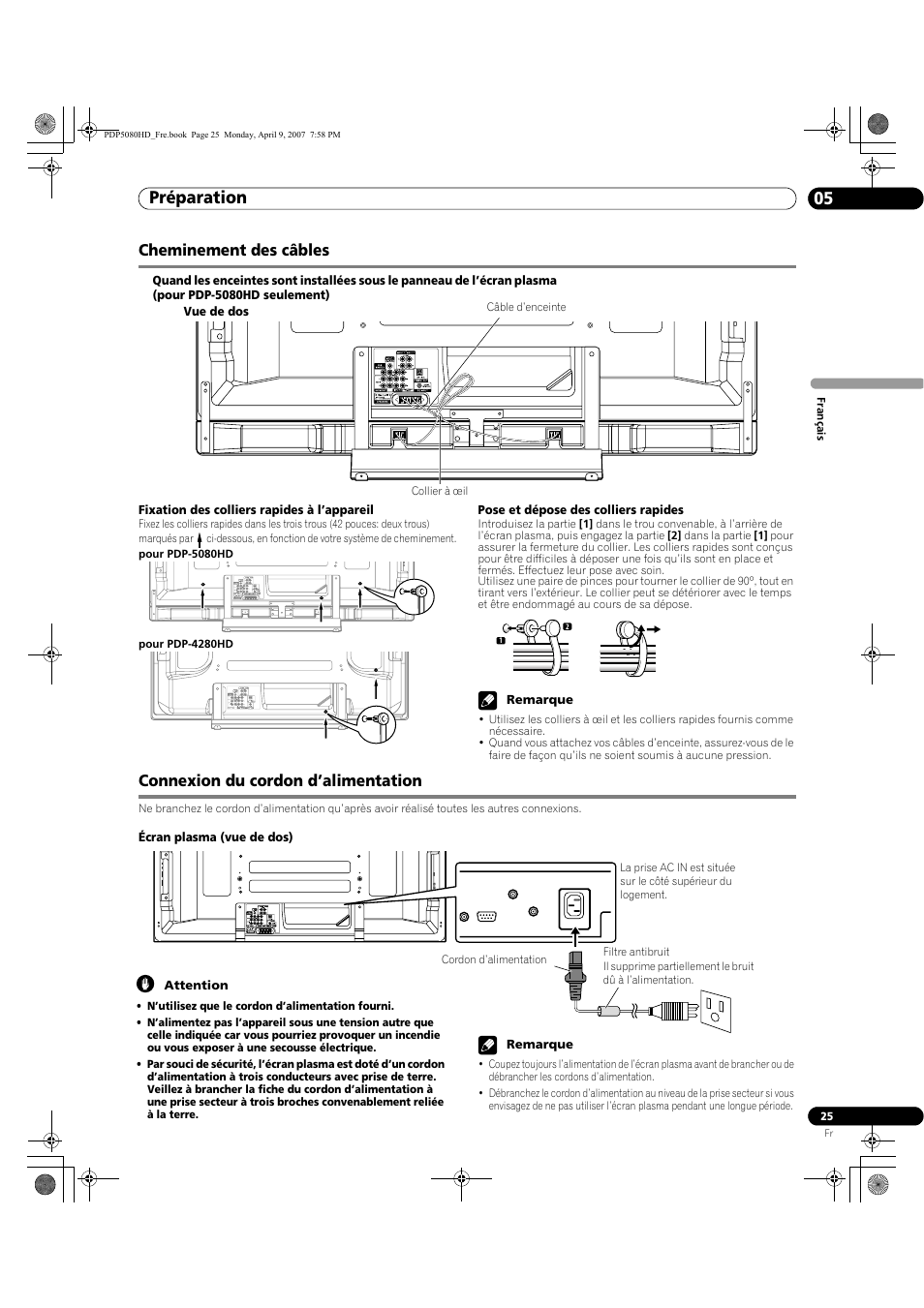 Préparation 05, Cheminement des câbles, Connexion du cordon d’alimentation | Pioneer PDP-5080HD User Manual | Page 125 / 285