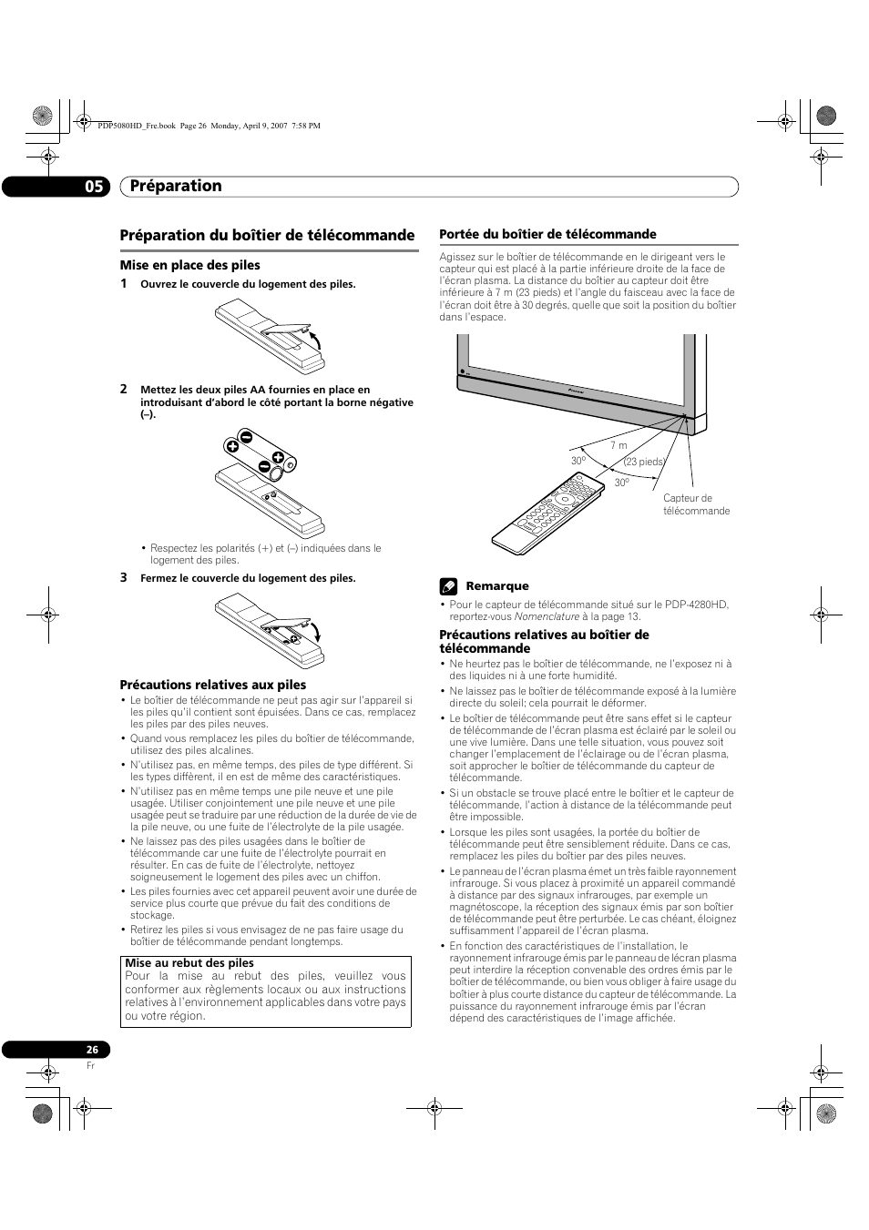 Préparation du boîtier de télécommande, Portée du boîtier de télécommande, Préparation 05 | Pioneer PDP-5080HD User Manual | Page 126 / 285