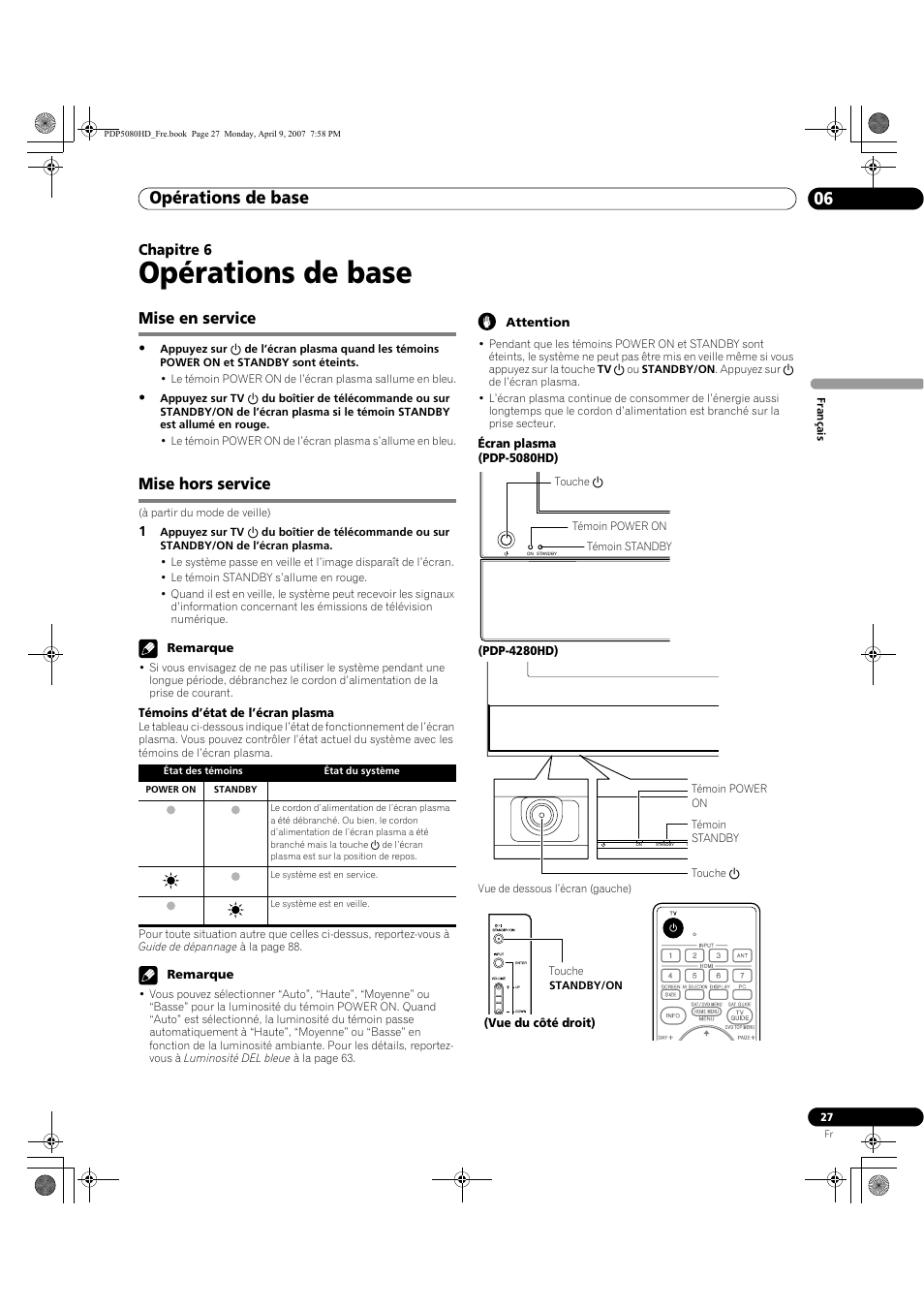 06 opérations de base, Mise en service mise hors service, Opérations de base | Opérations de base 06, Mise en service, Mise hors service, Chapitre 6 | Pioneer PDP-5080HD User Manual | Page 127 / 285
