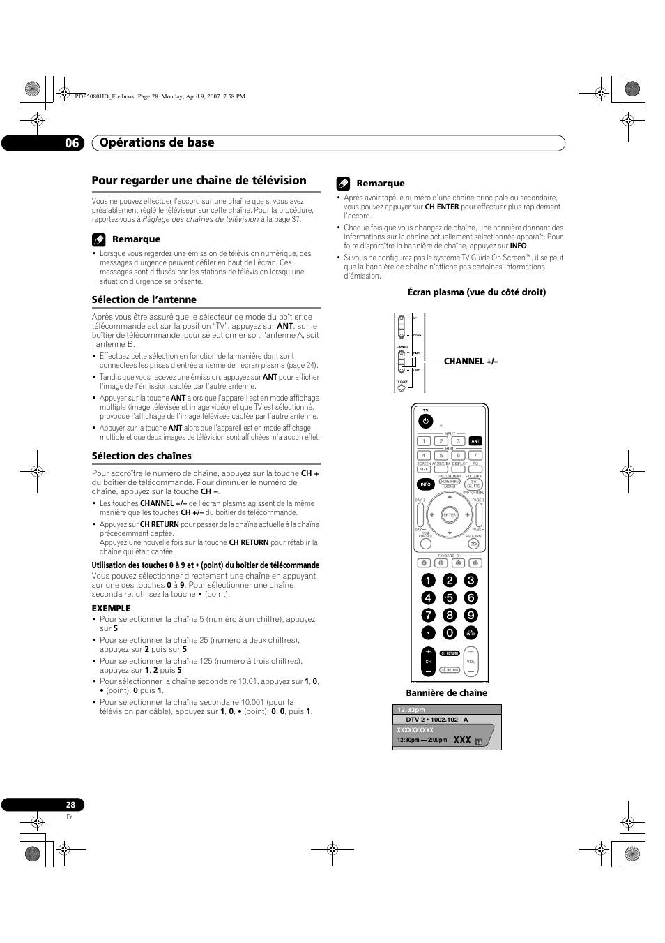 Pour regarder une chaîne de télévision, Sélection de l’antenne sélection des chaînes, Opérations de base 06 | Pioneer PDP-5080HD User Manual | Page 128 / 285