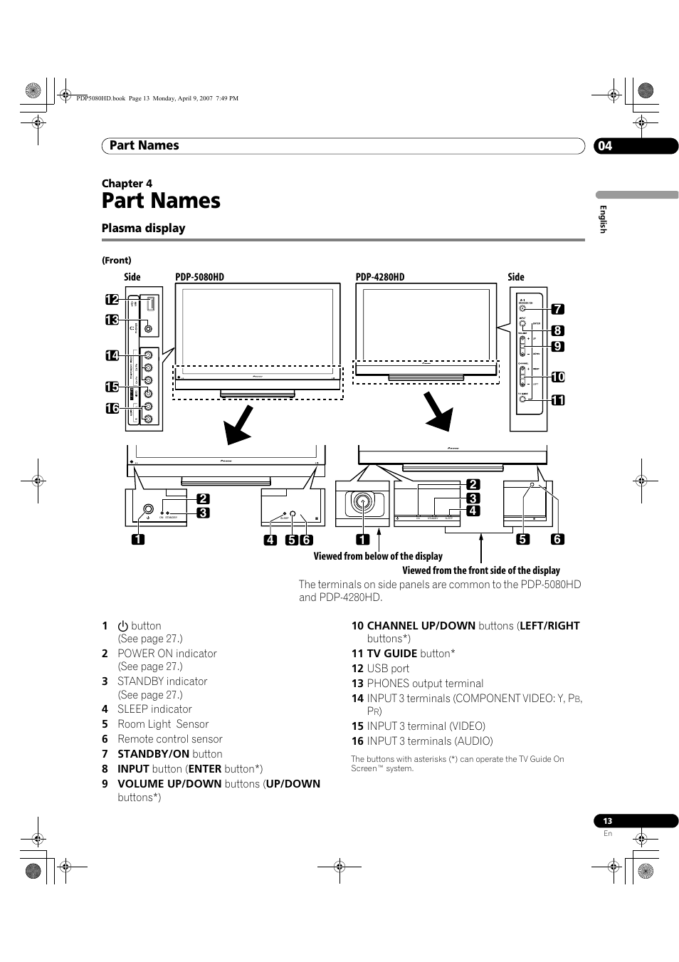 04 part names, Plasma display, Part names | Part names 04 | Pioneer PDP-5080HD User Manual | Page 13 / 285