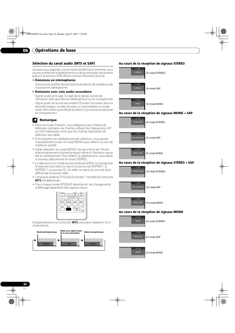 Sélection du canal audio (mts et sap), Opérations de base 06, Remarque | Pioneer PDP-5080HD User Manual | Page 130 / 285