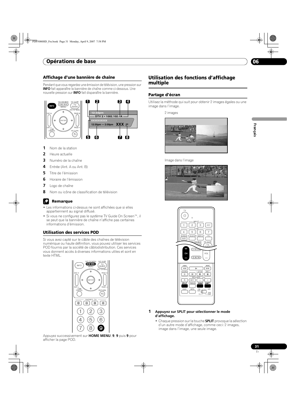 Affichage d’une bannière de chaîne, Utilisation des services pod, Utilisation des fonctions d’affichage multiple | Partage d’écran, Opérations de base 06 | Pioneer PDP-5080HD User Manual | Page 131 / 285