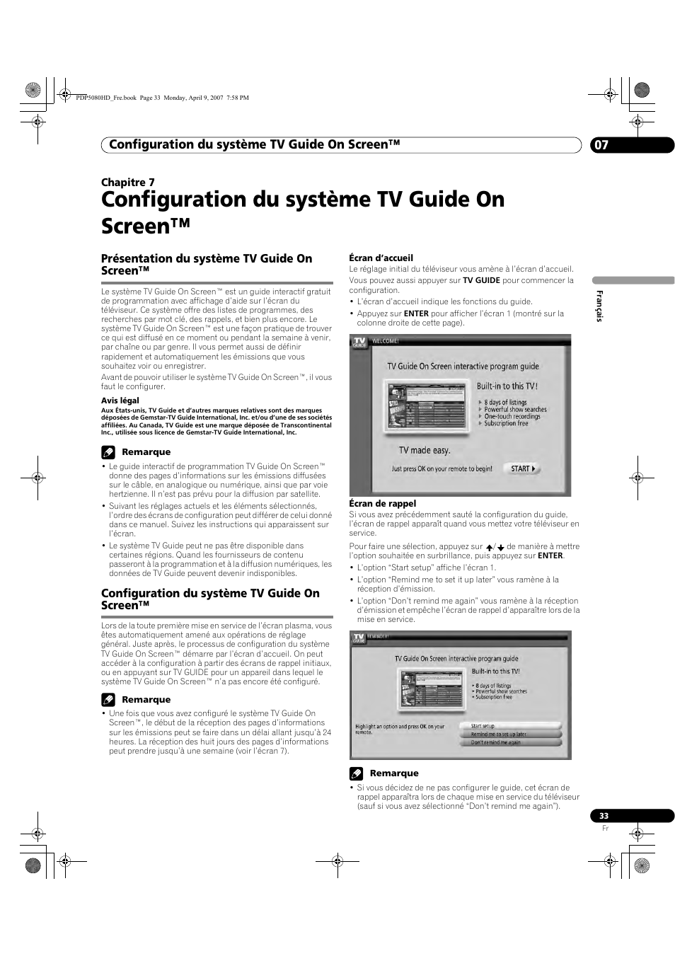 07 configuration du système tv guide, On screen, Configuration du système tv guide on screen | Configuration du système tv guide on screen™ 07, Présentation du système tv guide on screen | Pioneer PDP-5080HD User Manual | Page 133 / 285