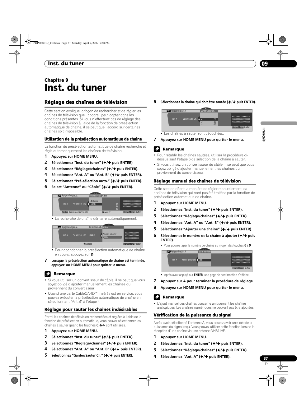 09 inst. du tuner, Réglage des chaînes de télévision, Inst. du tuner | Inst. du tuner 09, Chapitre 9 | Pioneer PDP-5080HD User Manual | Page 137 / 285
