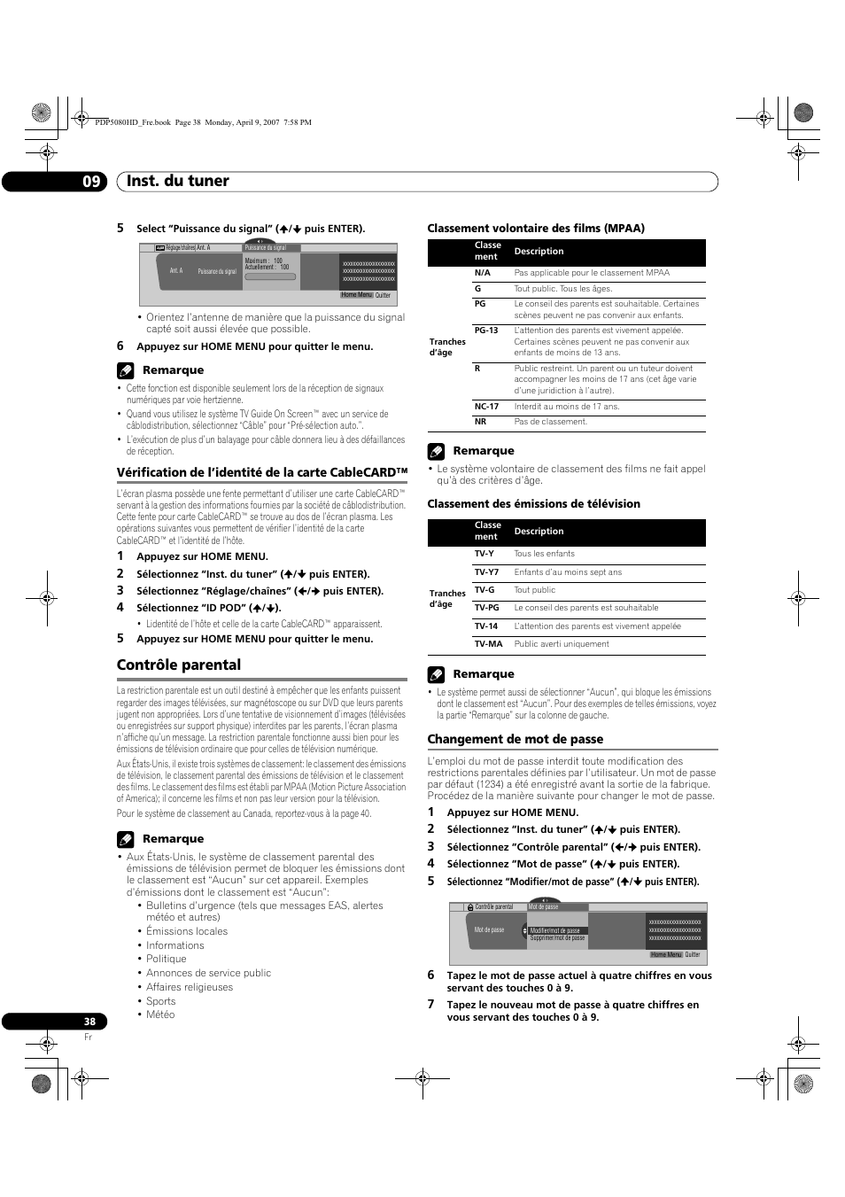 Vérification de l’identité de la carte cablecard, Contrôle parental, Changement de mot de passe | Inst. du tuner 09 | Pioneer PDP-5080HD User Manual | Page 138 / 285