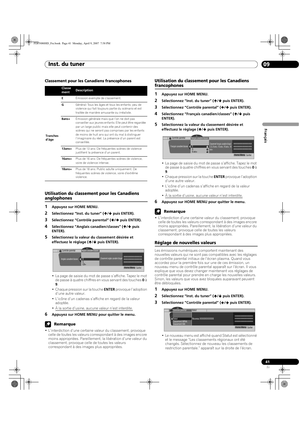 Inst. du tuner 09, Réglage de nouvelles valeurs | Pioneer PDP-5080HD User Manual | Page 141 / 285