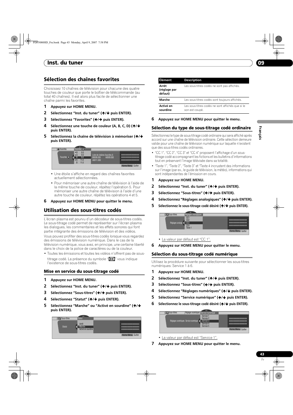 Inst. du tuner 09, Sélection des chaînes favorites, Utilisation des sous-titres codés | Mise en service du sous-titrage codé 1, Sélection du type de sous-titrage codé ordinaire, Sélection du sous-titrage codé numérique | Pioneer PDP-5080HD User Manual | Page 143 / 285