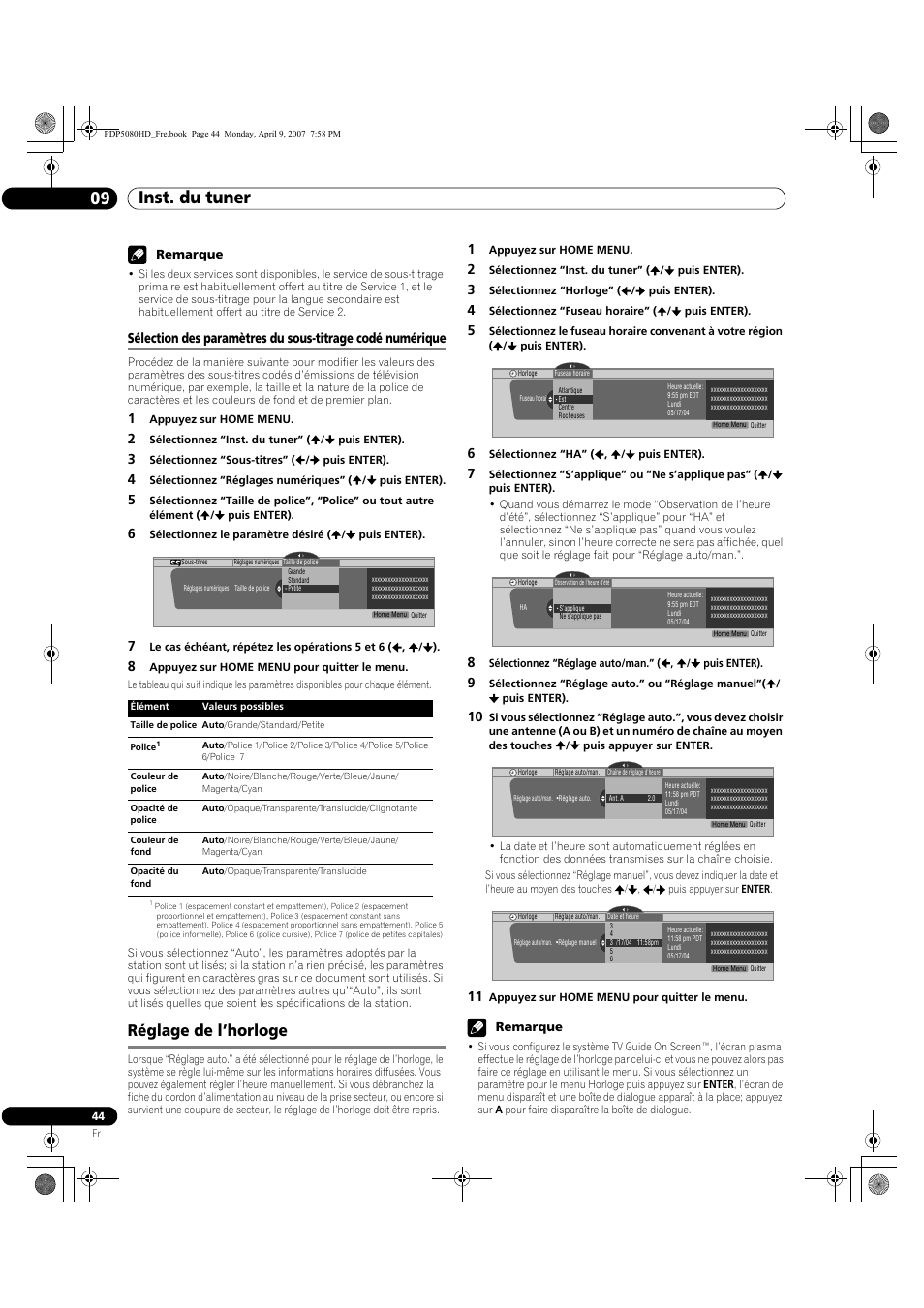 Réglage de l’horloge, Inst. du tuner 09 | Pioneer PDP-5080HD User Manual | Page 144 / 285