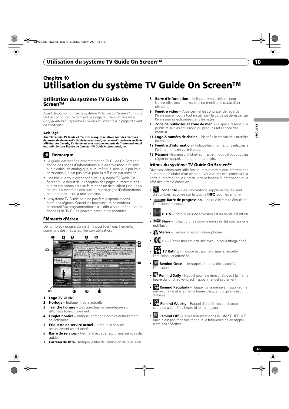 10 utilisation du système tv guide, On screen, Utilisation du système tv guide on screen | Éléments d’écran, Utilisation du système tv guide on screen™ 10, Chapitre 10 | Pioneer PDP-5080HD User Manual | Page 145 / 285