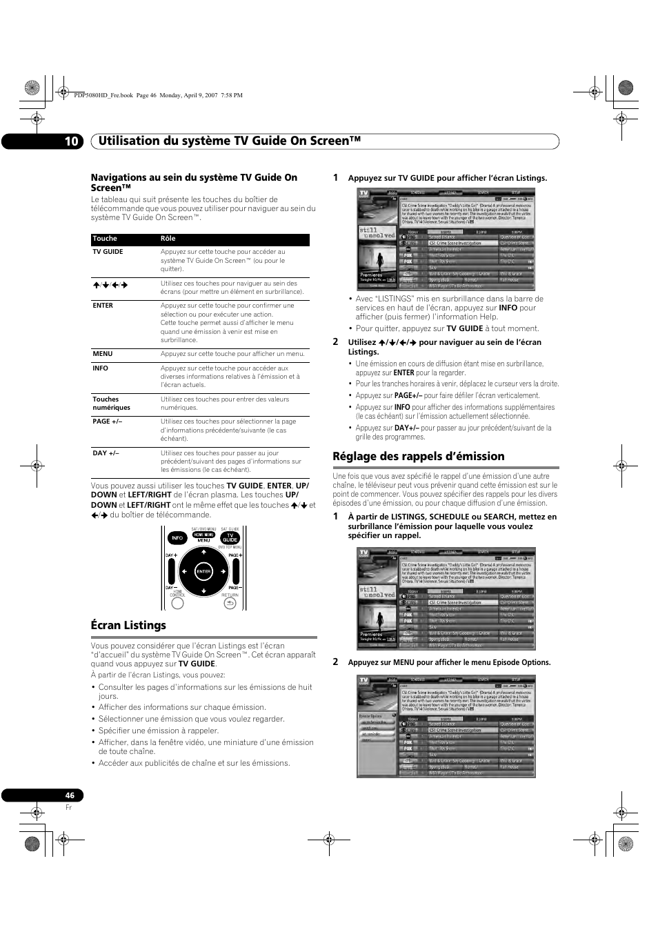 Écran listings réglage des rappels d’émission, Utilisation du système tv guide on screen™ 10, Écran listings | Réglage des rappels d’émission | Pioneer PDP-5080HD User Manual | Page 146 / 285