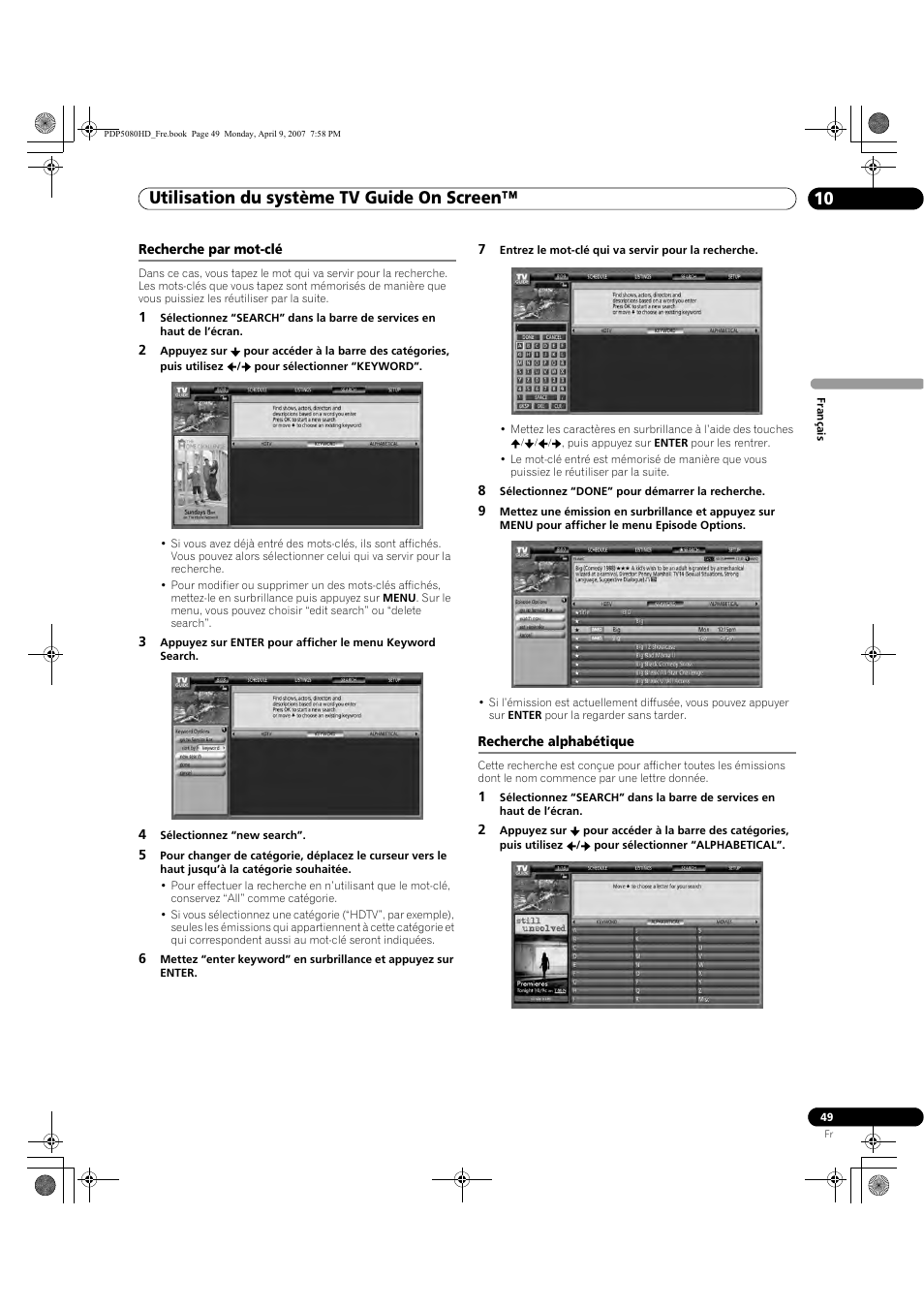 Recherche par mot-clé recherche alphabétique, Utilisation du système tv guide on screen™ 10 | Pioneer PDP-5080HD User Manual | Page 149 / 285