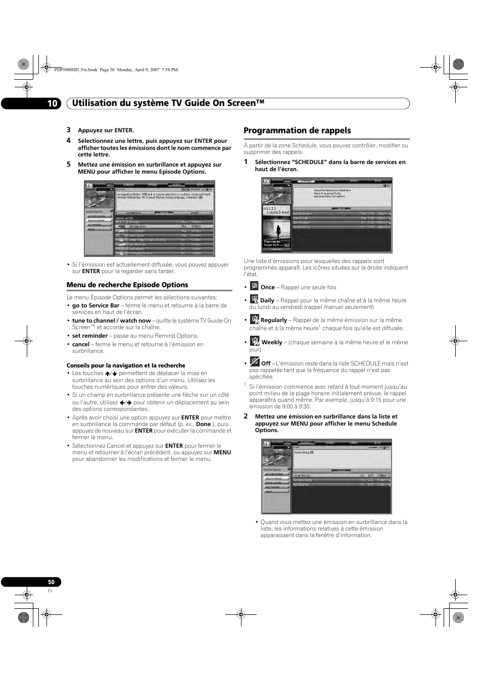 Menu de recherche episode options, Programmation de rappels, Utilisation du système tv guide on screen™ 10 | Pioneer PDP-5080HD User Manual | Page 150 / 285