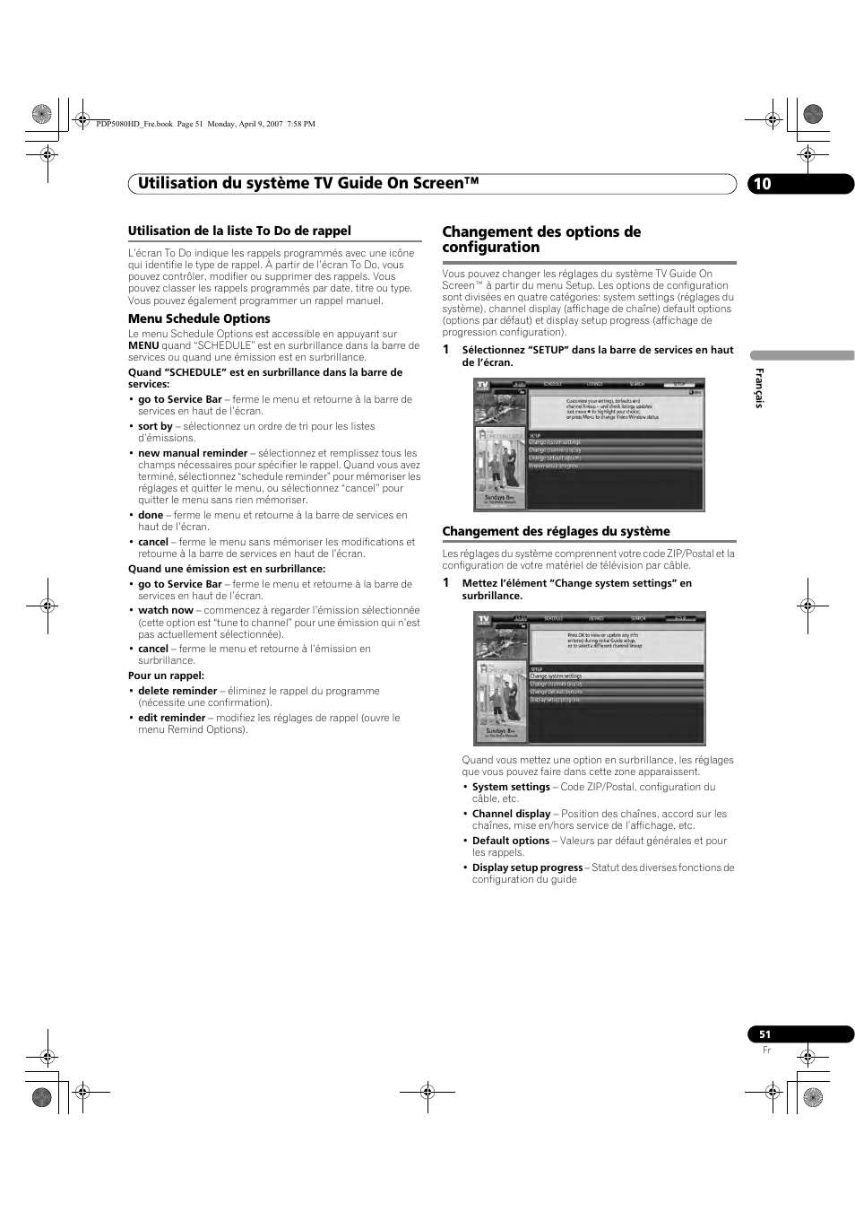 Utilisation de la liste to do de rappel, Changement des options de configuration, Changement des réglages du système | Utilisation du système tv guide on screen™ 10 | Pioneer PDP-5080HD User Manual | Page 151 / 285