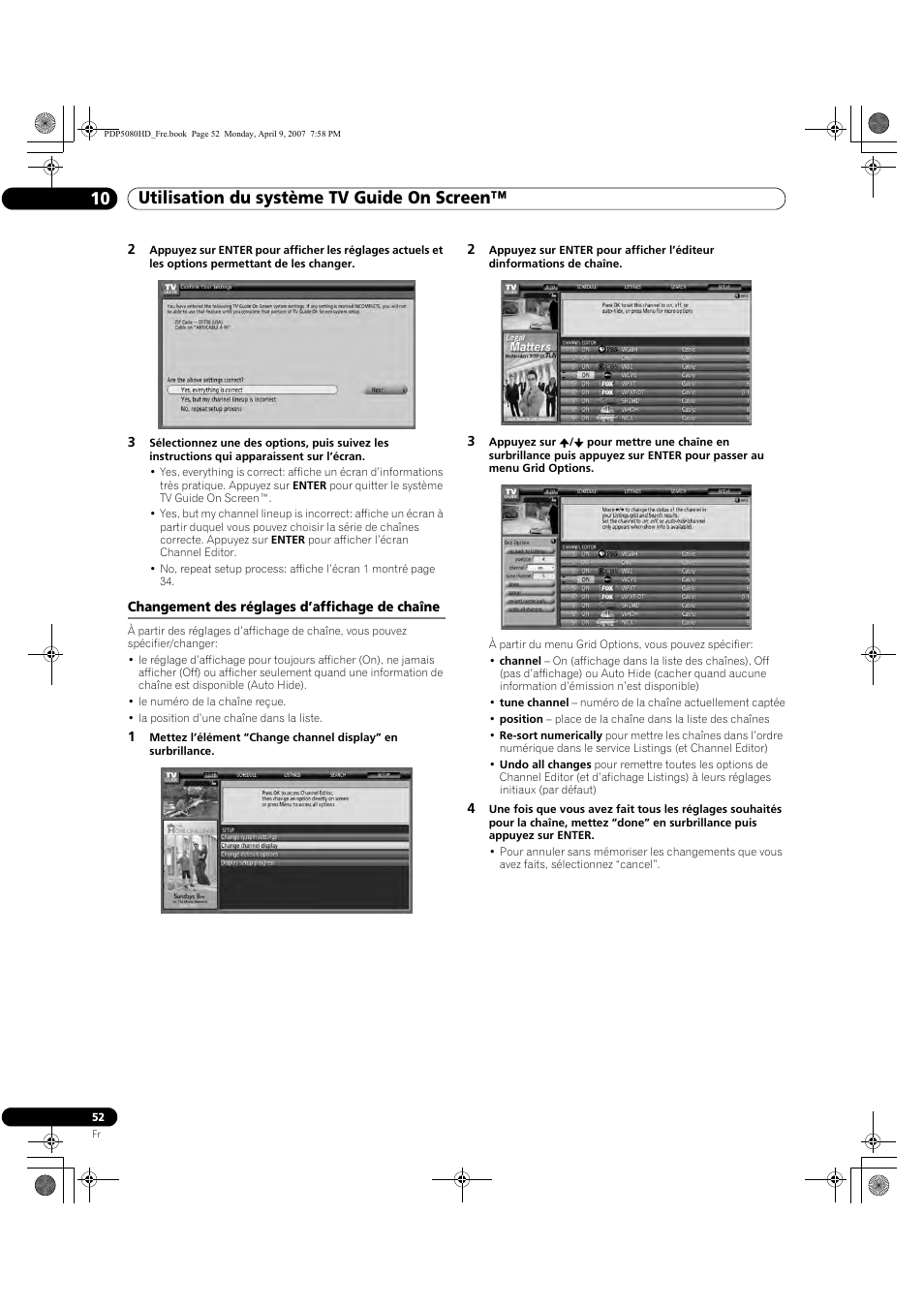 Changement des réglages d’affichage de chaîne, Utilisation du système tv guide on screen™ 10 | Pioneer PDP-5080HD User Manual | Page 152 / 285