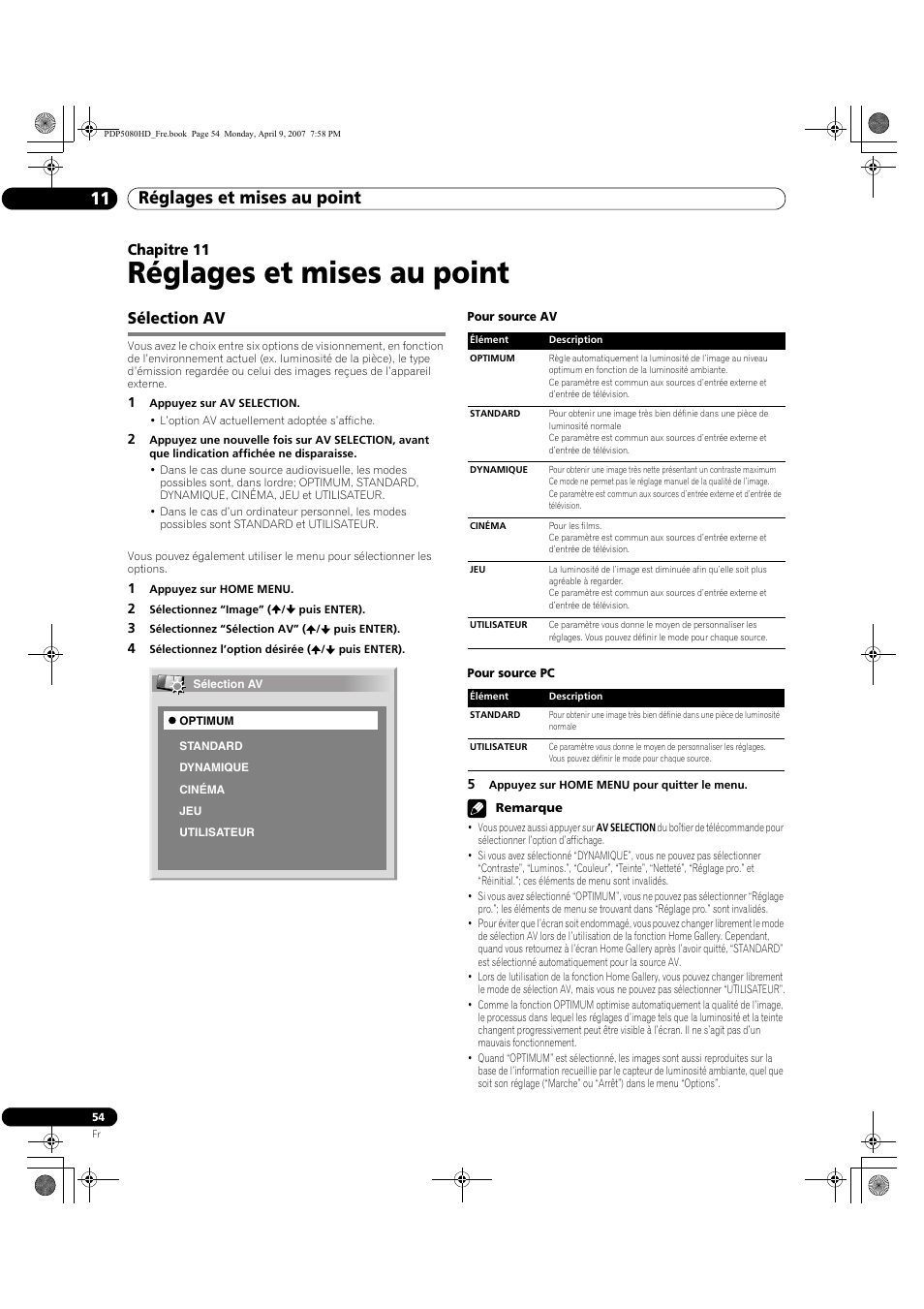 11 réglages et mises au point, Sélection av, Réglages et mises au point | Réglages et mises au point 11, Chapitre 11 | Pioneer PDP-5080HD User Manual | Page 154 / 285