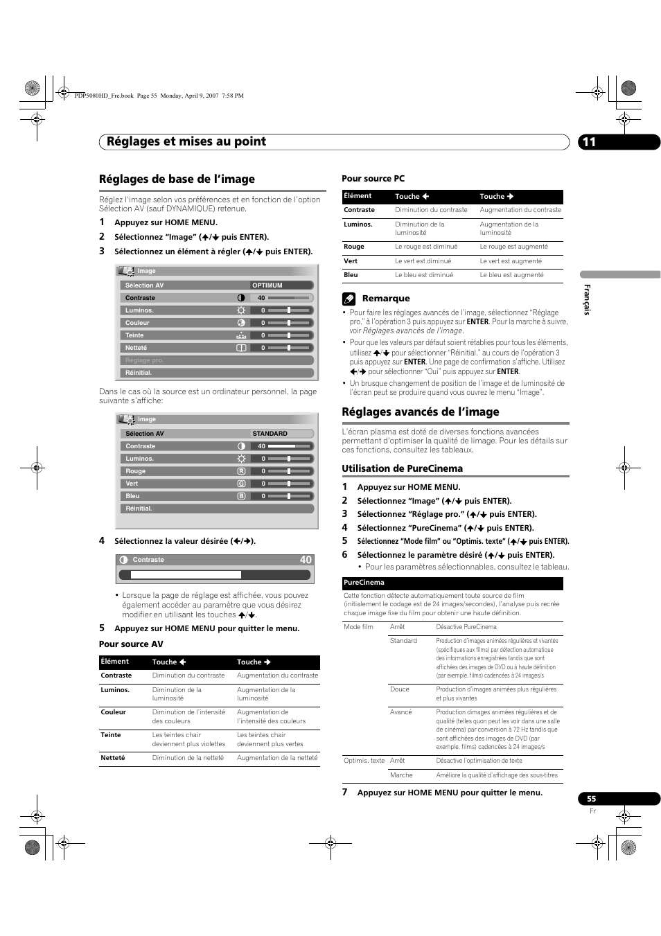 Utilisation de purecinema, Réglages et mises au point 11, Réglages de base de l’image | Réglages avancés de l’image, Utilisation de purecinema 1 | Pioneer PDP-5080HD User Manual | Page 155 / 285