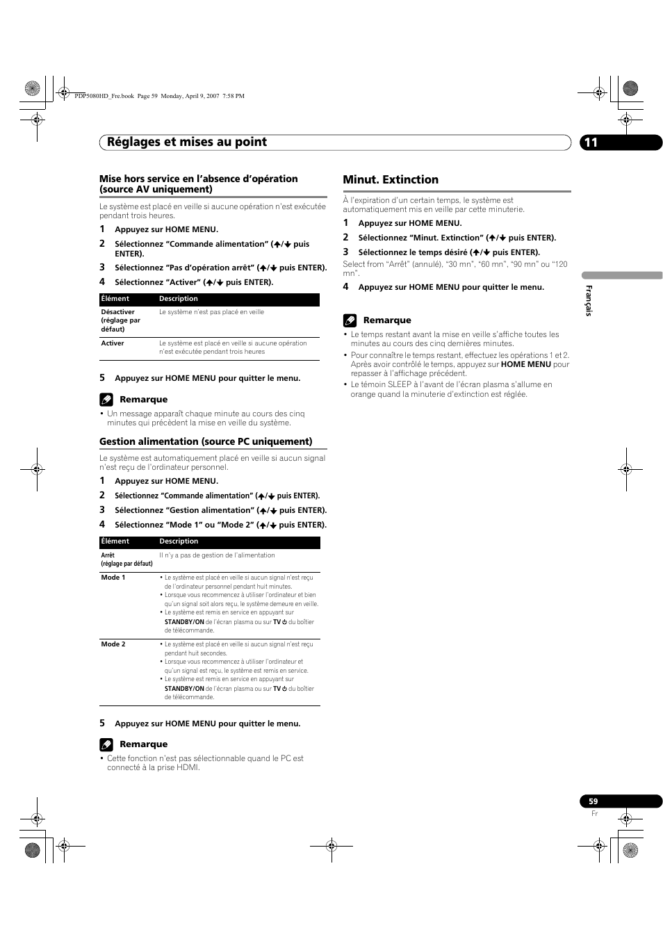 Minut. extinction, Réglages et mises au point 11 | Pioneer PDP-5080HD User Manual | Page 159 / 285