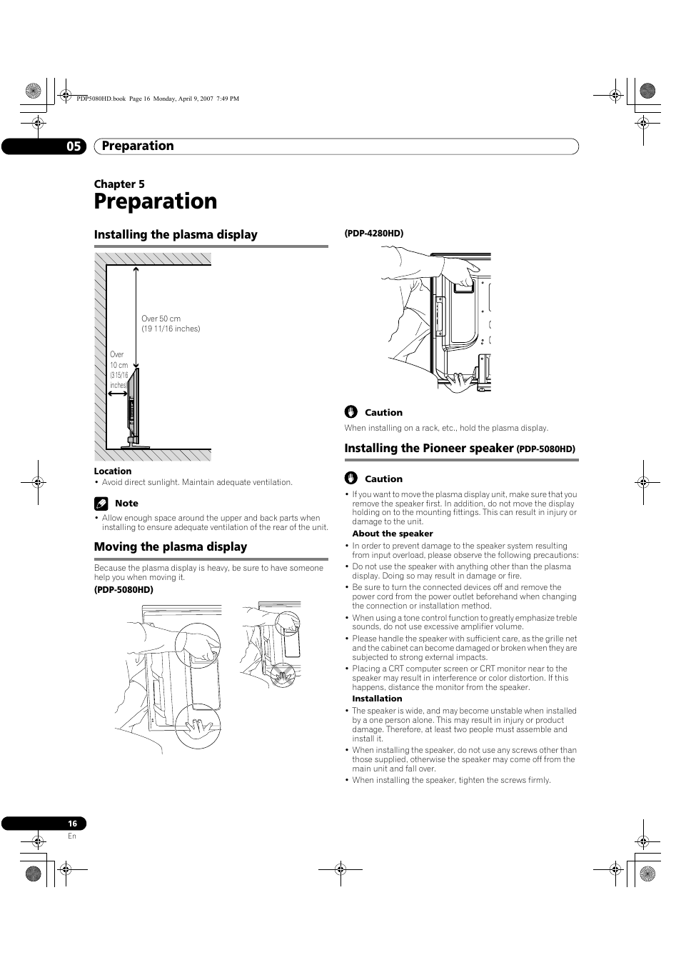 05 preparation, Preparation, Preparation 05 | Installing the plasma display, Moving the plasma display, Installing the pioneer speaker | Pioneer PDP-5080HD User Manual | Page 16 / 285