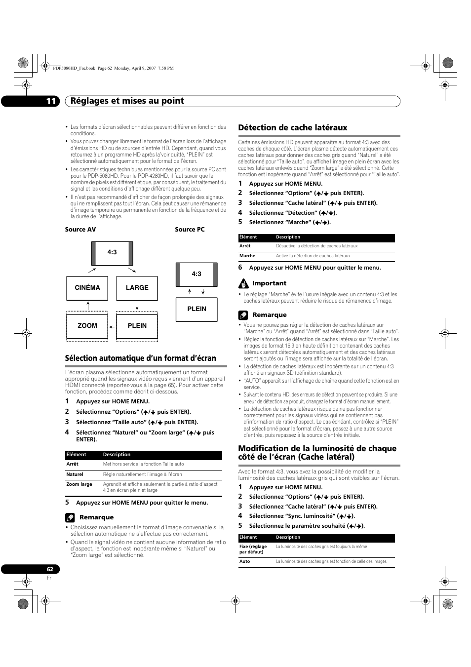 Réglages et mises au point 11, Sélection automatique d’un format d’écran, Détection de cache latéraux | Pioneer PDP-5080HD User Manual | Page 162 / 285