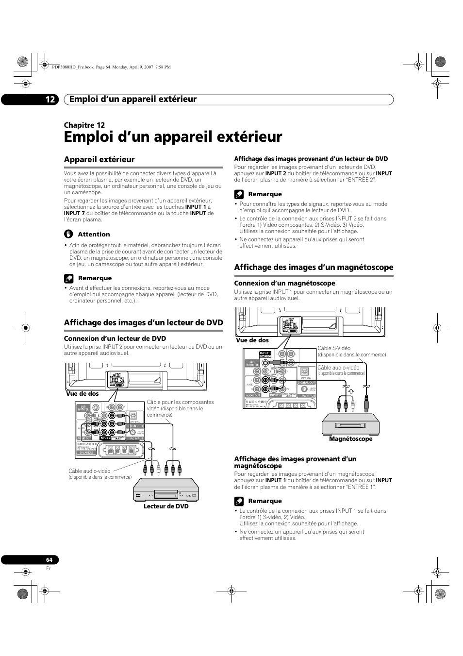 12 emploi d’un appareil extérieur, Emploi d’un appareil extérieur, Emploi d’un appareil extérieur 12 | Pioneer PDP-5080HD User Manual | Page 164 / 285