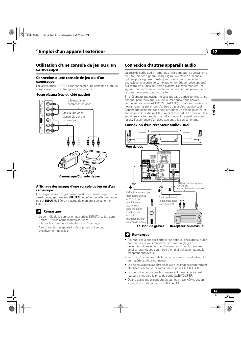 Emploi d’un appareil extérieur 12, Utilisation d’une console de jeu ou d’un caméscope, Connexion d’autres appareils audio | Pioneer PDP-5080HD User Manual | Page 167 / 285