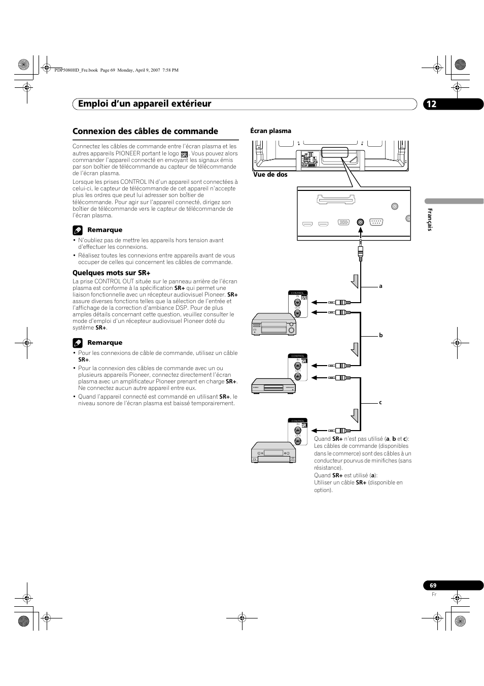 Connexion des câbles de commande, Emploi d’un appareil extérieur 12 | Pioneer PDP-5080HD User Manual | Page 169 / 285