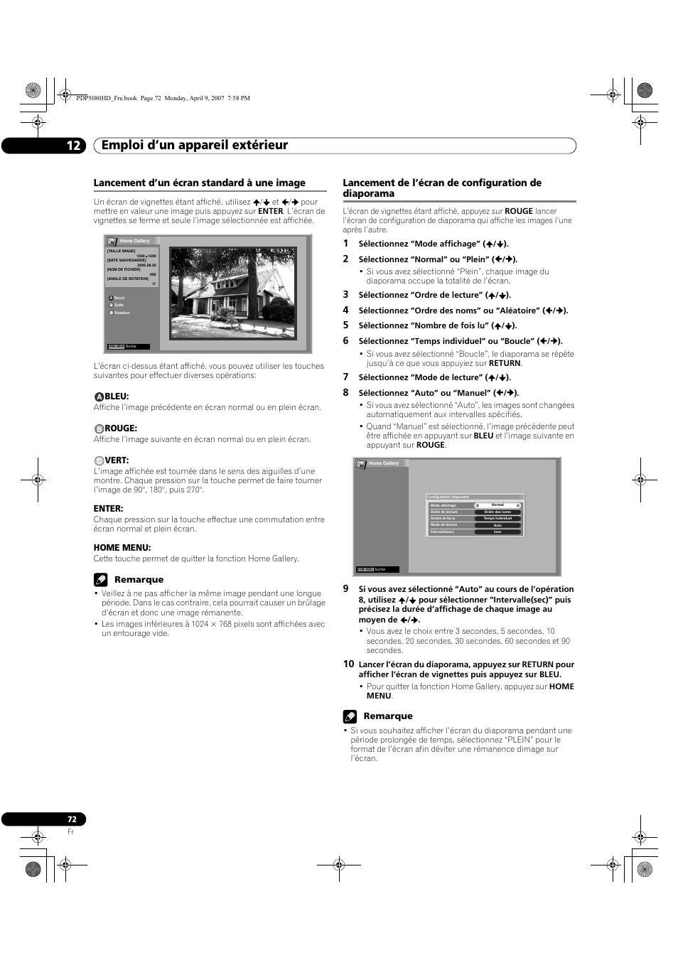 Emploi d’un appareil extérieur 12, Lancement d’un écran standard à une image, Lancement de l’écran de configuration de diaporama | Pioneer PDP-5080HD User Manual | Page 172 / 285