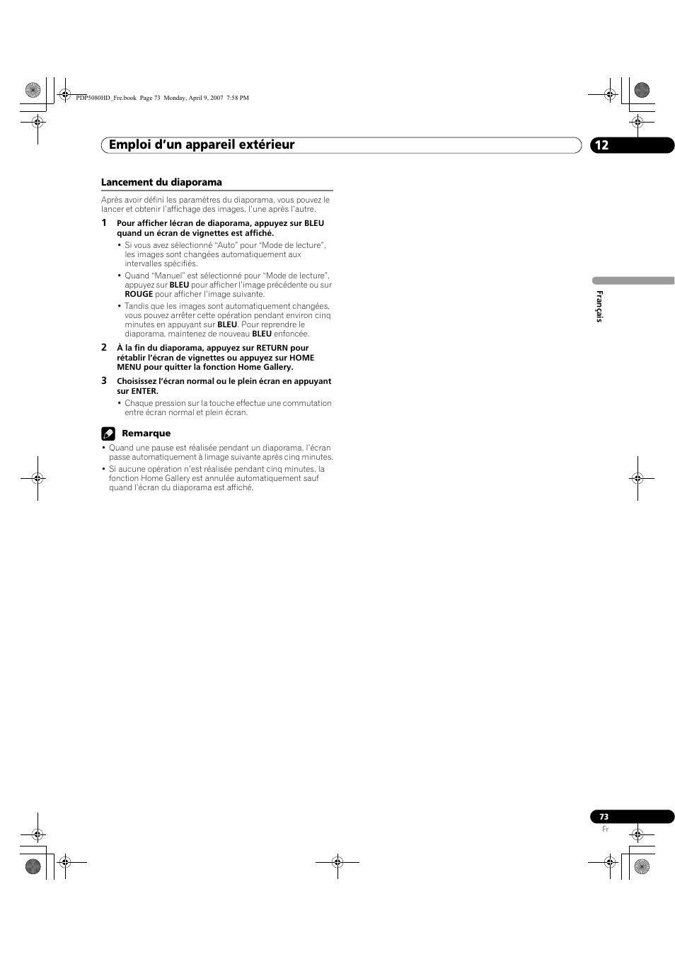 Lancement du diaporama, Emploi d’un appareil extérieur 12 | Pioneer PDP-5080HD User Manual | Page 173 / 285