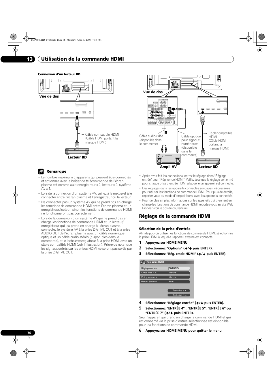 Réglage de la commande hdmi, Utilisation de la commande hdmi 13 | Pioneer PDP-5080HD User Manual | Page 176 / 285