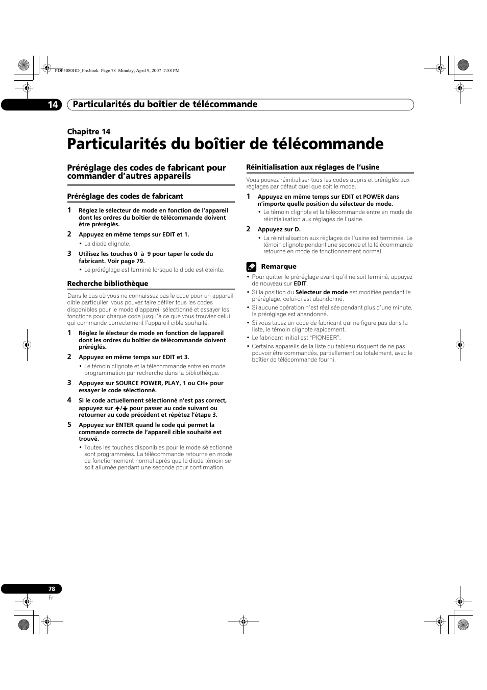 14 particularités du boîtier de, Télécommande, Particularités du boîtier de télécommande | Particularités du boîtier de télécommande 14 | Pioneer PDP-5080HD User Manual | Page 178 / 285