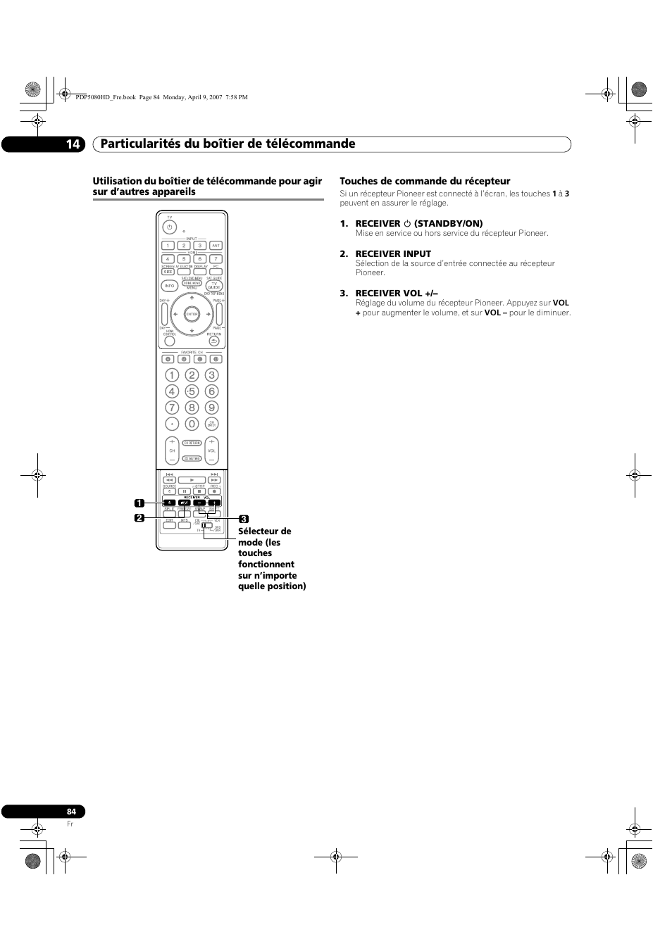 Utilisation du, Particularités du boîtier de télécommande 14 | Pioneer PDP-5080HD User Manual | Page 184 / 285