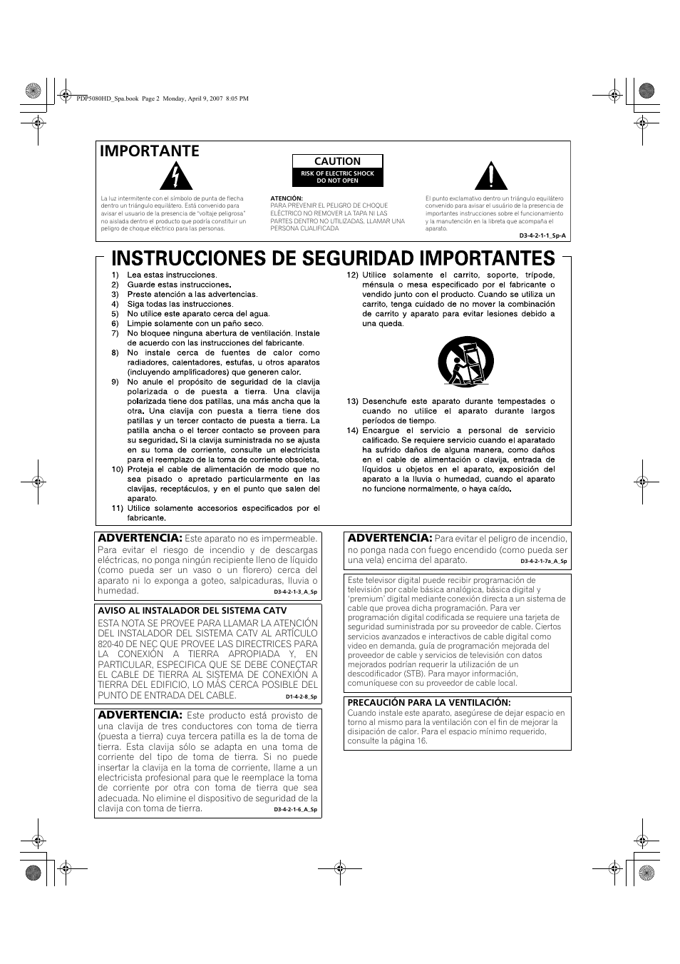 Importante, Advertencia | Pioneer PDP-5080HD User Manual | Page 194 / 285