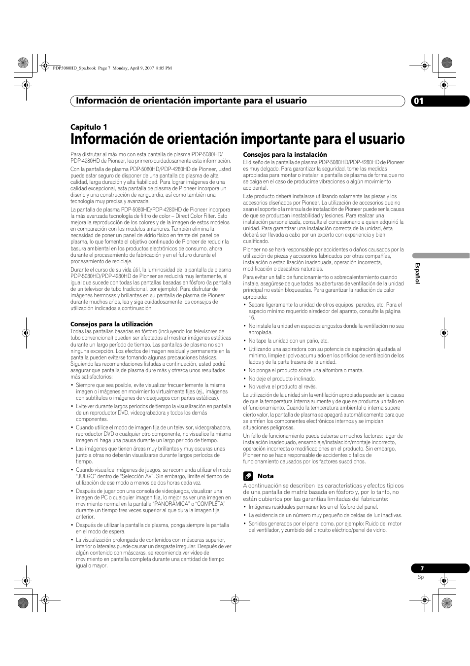 01 información de orientación importante, Para el usuario | Pioneer PDP-5080HD User Manual | Page 199 / 285