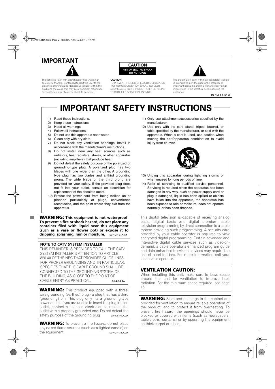 Important, Warning, Ventilation caution | Pioneer PDP-5080HD User Manual | Page 2 / 285