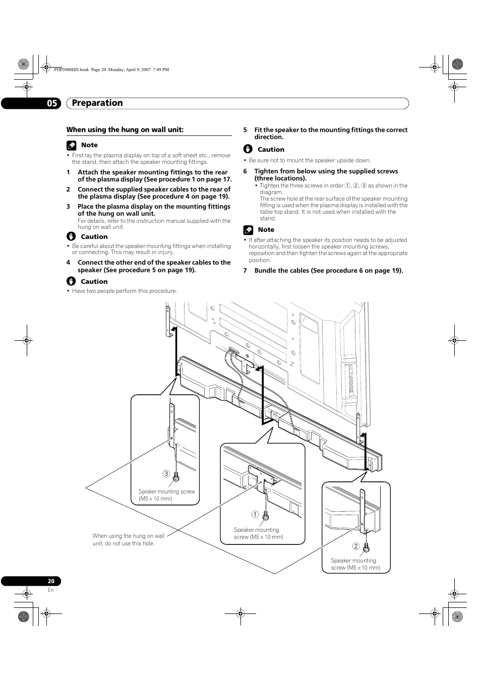 When using the hung on wall unit, Preparation 05 | Pioneer PDP-5080HD User Manual | Page 20 / 285