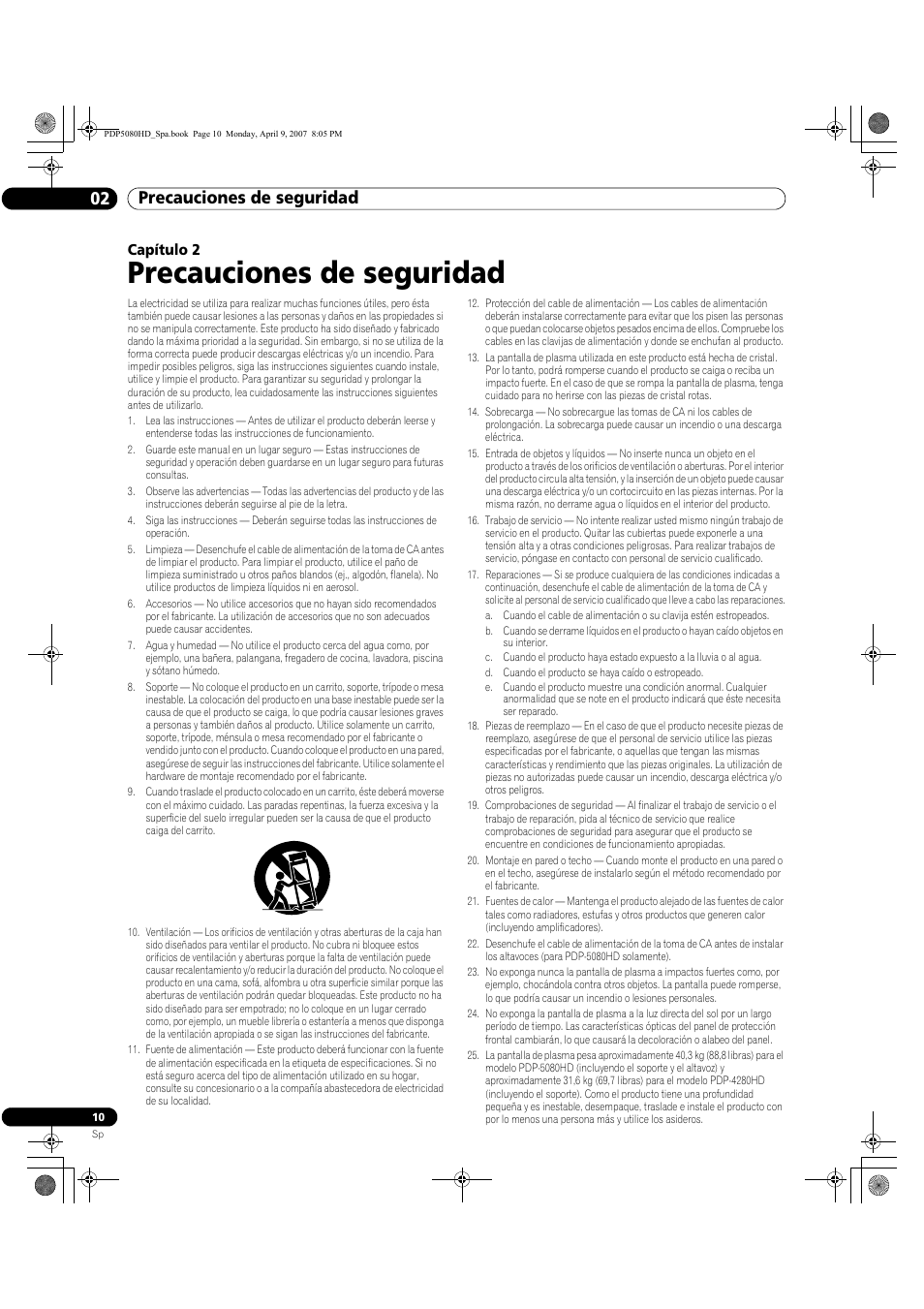 02 precauciones de seguridad, Precauciones de seguridad, Precauciones de seguridad 02 | Capítulo 2 | Pioneer PDP-5080HD User Manual | Page 202 / 285