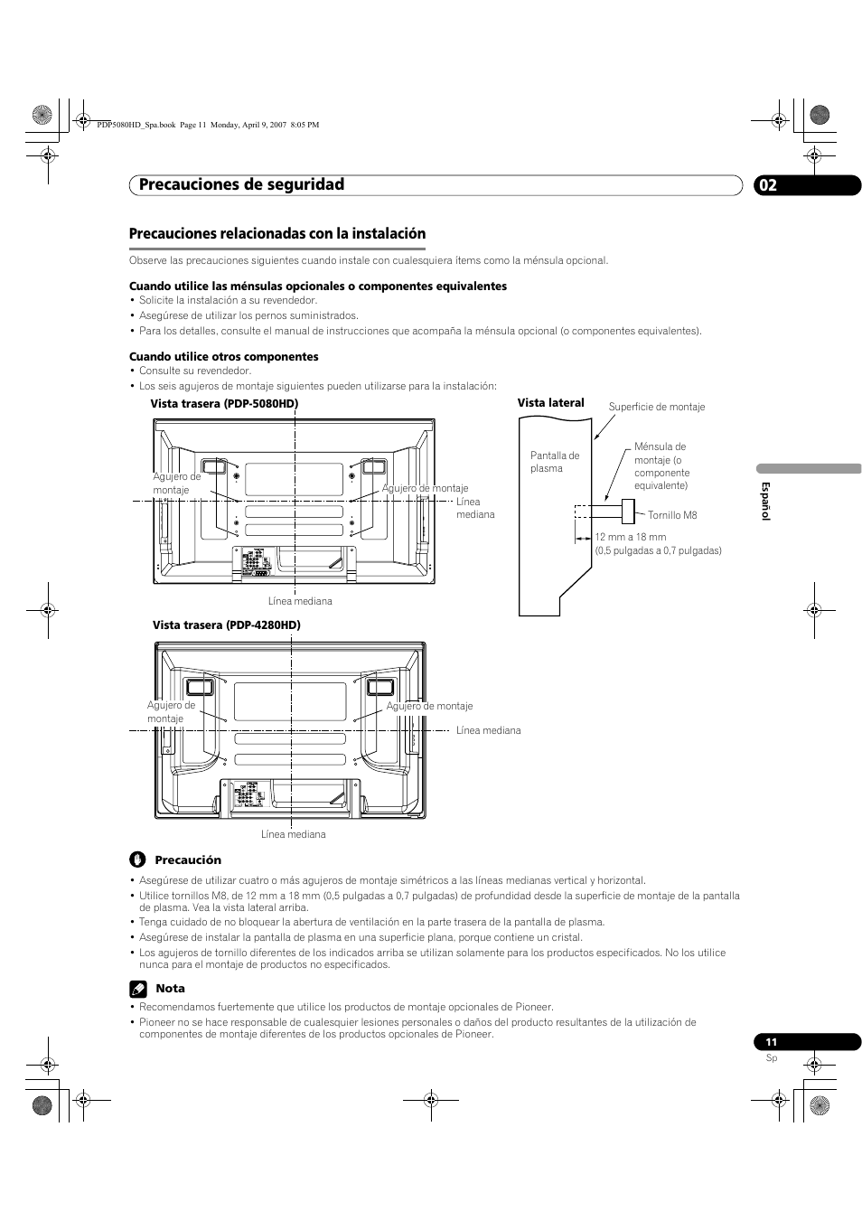 Precauciones relacionadas con la instalación, Precauciones de seguridad 02 | Pioneer PDP-5080HD User Manual | Page 203 / 285