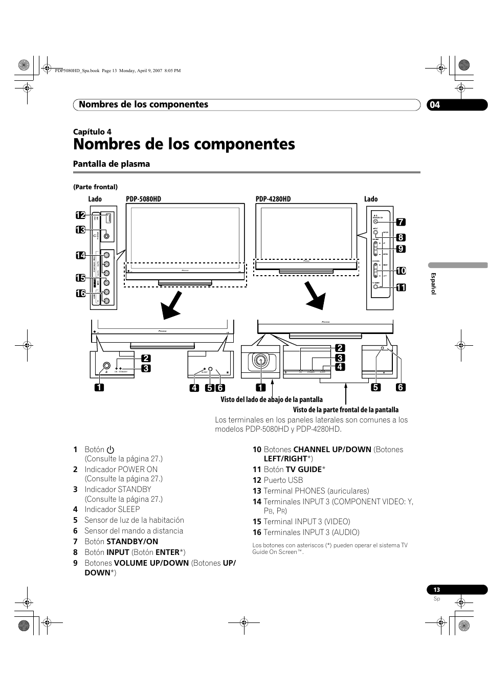 04 nombres de los componentes, Pantalla de plasma, Nombres de los componentes | Nombres de los componentes 04 | Pioneer PDP-5080HD User Manual | Page 205 / 285