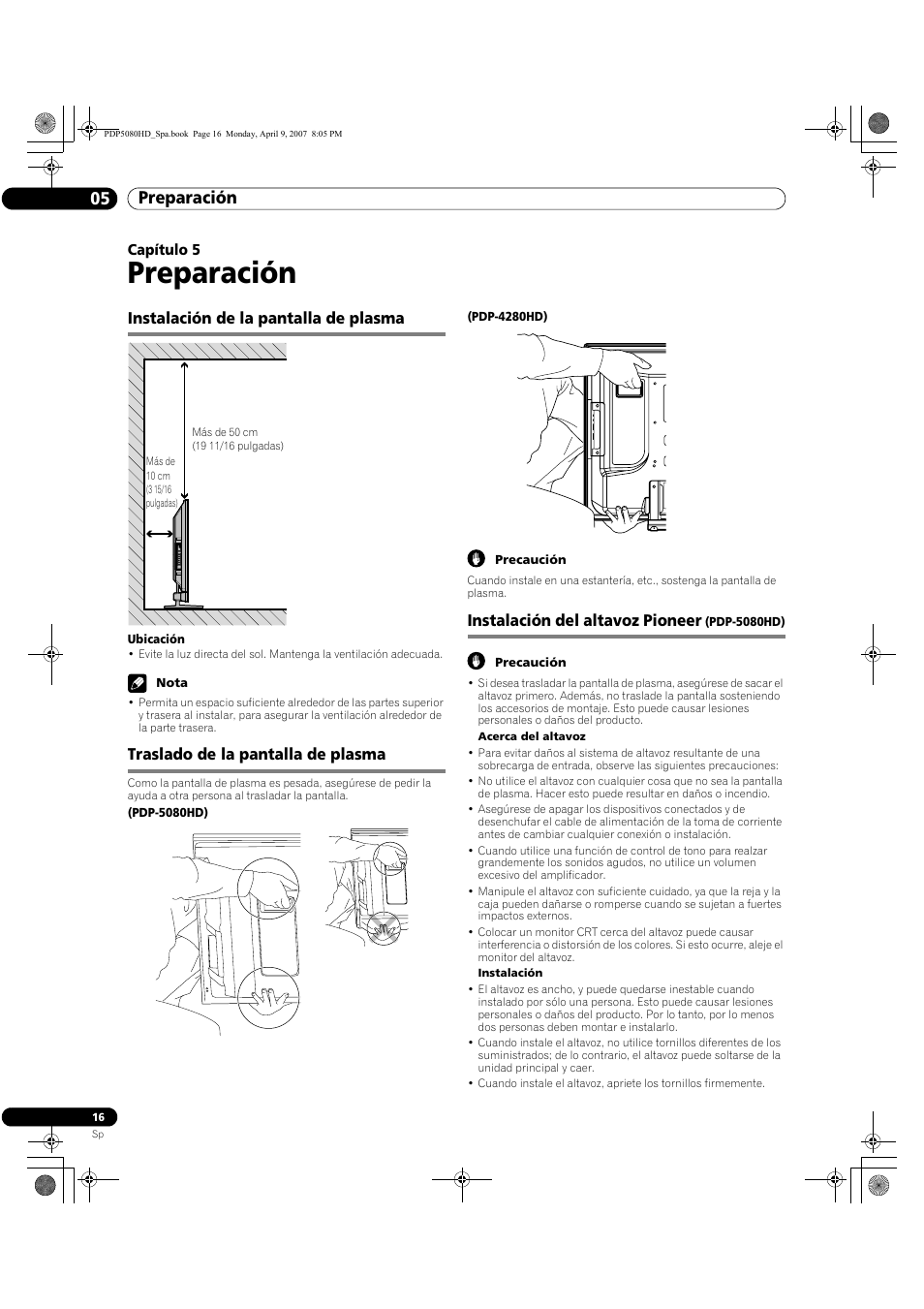 05 preparación, Preparación, Preparación 05 | Instalación de la pantalla de plasma, Traslado de la pantalla de plasma, Instalación del altavoz pioneer | Pioneer PDP-5080HD User Manual | Page 208 / 285